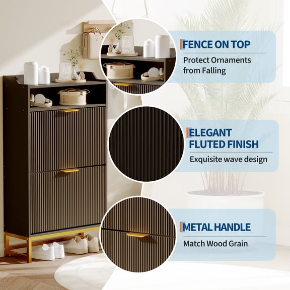 Modern Fluted Shoe Cabinet with 2 Turn Over Drawers & Open Shelf for Hallway or Living Room