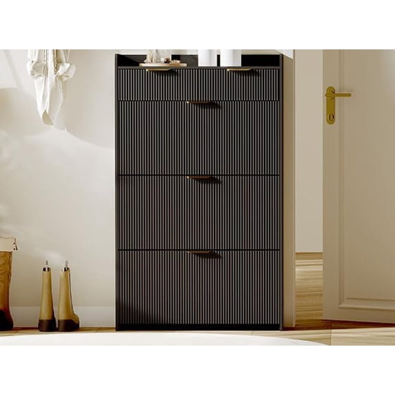Modern Fluted Shoe Cabinet with 3 Flip Drawers – Slim Space-Saving Organizer, Side Hook & Hidden Storage for Apartments