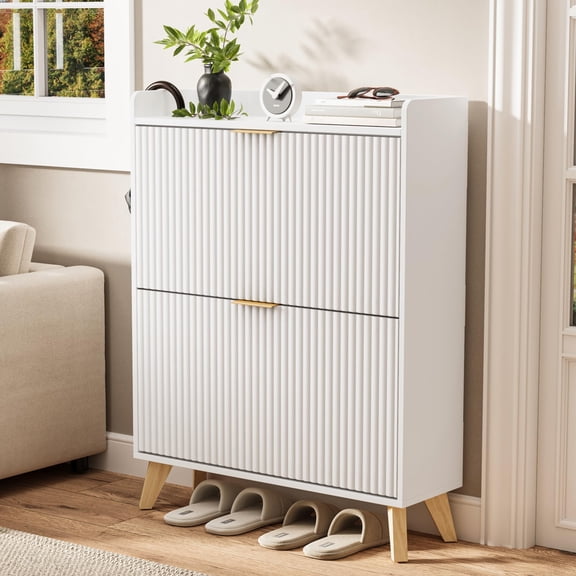 Modern Fluted Shoe Storage Cabinet, Freestanding Slim 2-Tier MDF Rack Stand