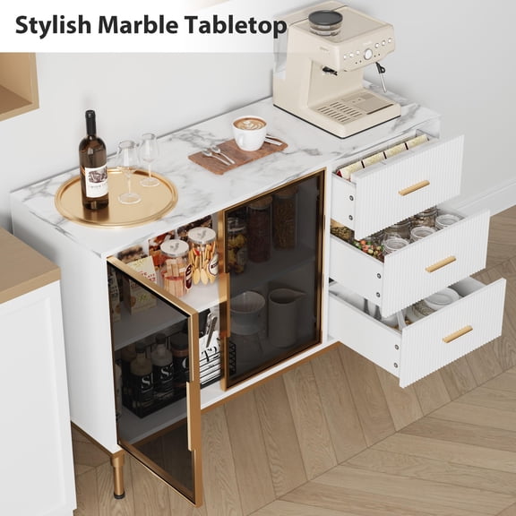 Modern Fluted Sideboard Buffet Cabinet – 3 Drawers, 2 Glass Doors, Adjustable Shelf, Faux Marble Top – Versatile Food Storage for Kitchen, Dining, Living Room – White Body + Marble Design