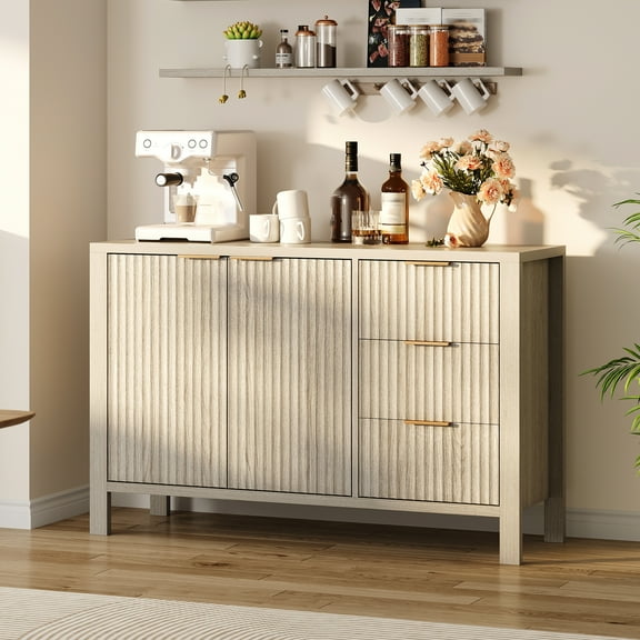 Modern Fluted Sideboard Buffet Cabinet – 46.5" Wave Design Credenza with 3 Drawers, 2 Doors & Adjustable Shelves, Multipurpose Storage for Living Room, Dining Room & Entryway