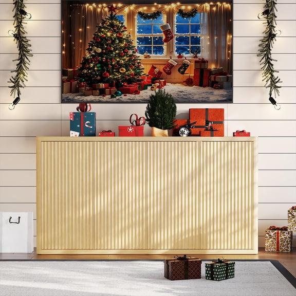 Modern Fluted Sideboard Buffet Cabinet – 66.3'' Wide Credenza with 4 Doors & Adjustable Shelves – Spacious Storage Console for Kitchen, Dining Room, Living Room, Entryway – Engineered Wood