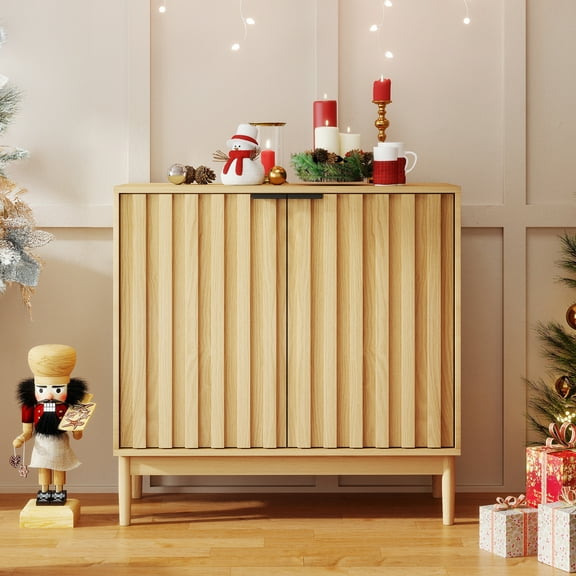 Modern Fluted Sideboard & Buffet Cabinet-Adjustable Shelves, Solid Wood Legs & Vertical Grooved Design,Versatile Accent Cabinet for Dining Room,living room Storage,Yellow