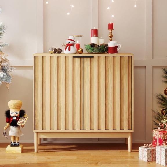 Modern Fluted Sideboard & Buffet Cabinet-Adjustable Shelves, Solid Wood Legs & Vertical Grooved Design,Versatile Accent Cabinet for Dining Room,living room Storage,Yellow