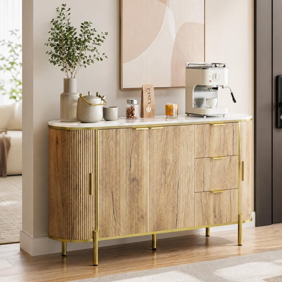 Modern Fluted Sideboard Buffet Cabinet with Faux Marble Top – Curved Sliding Doors – 3 Drawers & Adjustable Shelves – Versatile Storage Credenza for Dining Room, Living Room, Coffee Bar – Oak