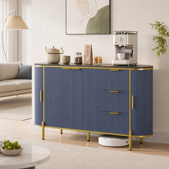 Modern Fluted Sideboard Buffet Cabinet with Faux Marble Top – Curved Sliding Doors – 3 Drawers & Adjustable Shelves – Versatile Storage for Dining Room, Living Room, Coffee Bar – Blue