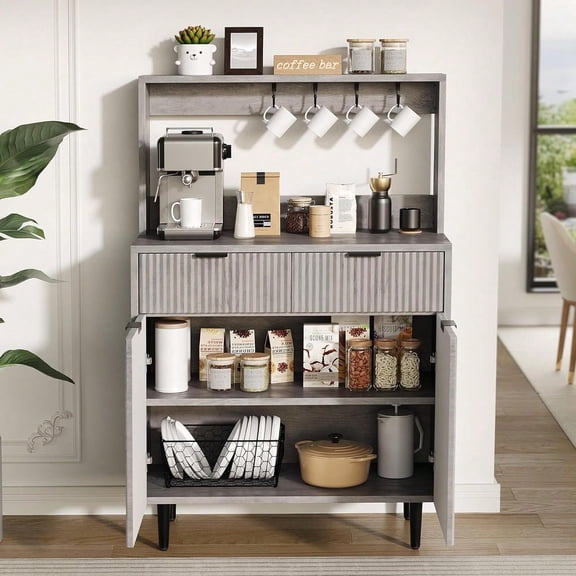 Modern Fluted Sideboard Buffet Coffee Bar Cabinet with 2 Drawers & Adjustable Shelves, Wood Console Storage Table for Dining Kitchen Living Hallway, Shallow Ivory