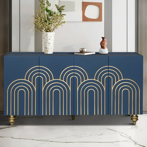 Modern Fluted Sideboard Buffet with Storage, Curve Element with Strict Lines, 4 Doors Storage Cabinet with Adjustable Shelves for Kitchen, Dining Room, Living Room (Blue)