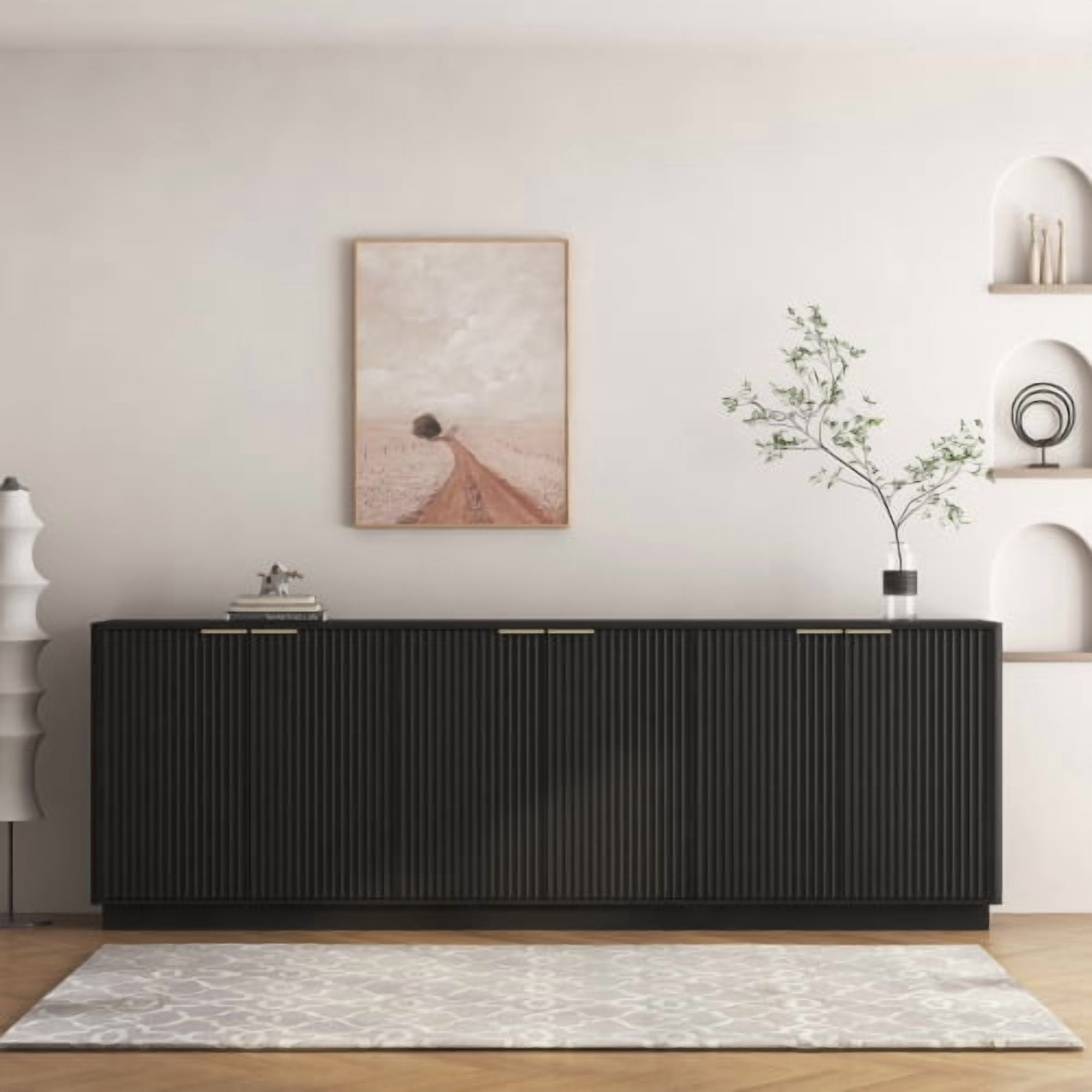 Modern Fluted Sideboard Cabinet with Storage, 6-Door Buffet Credenza with Adjustable Shelves, Accent Console Table for Living Room, Dining Room, TV Stand, Black