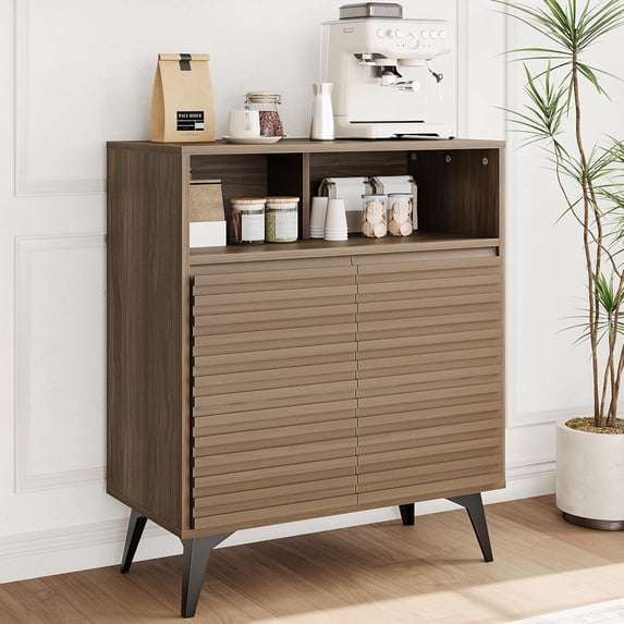 Modern Fluted Storage Cabinet with Adjustable Shelves, Sideboard Buffet with Open & Closed Compartments, Engineered Wood Cabinet with Ventilated Fluted Front, Black Metal Legs, Walnut