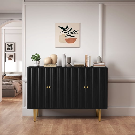 Modern Fluted Striped 4-Door Storage Cabinet with Gold Legs, Accent Storage Cabinet, Green