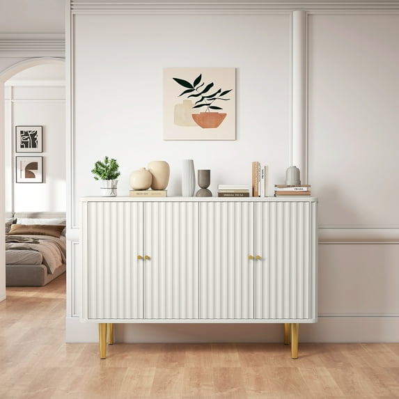 Modern Fluted Striped 4-Door Storage Cabinet with Gold Legs, Accent Storage Cabinet, Green