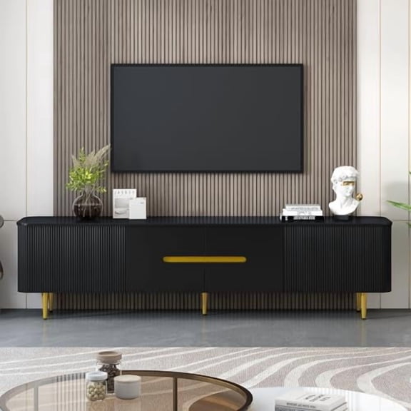 Modern Fluted TV Stand for 85"+ TV, Entertainment Center with Curved Edges, Wood Media Console Table with Storage Cabinets & Waveform Doors for Living Room, Bedroom, Black