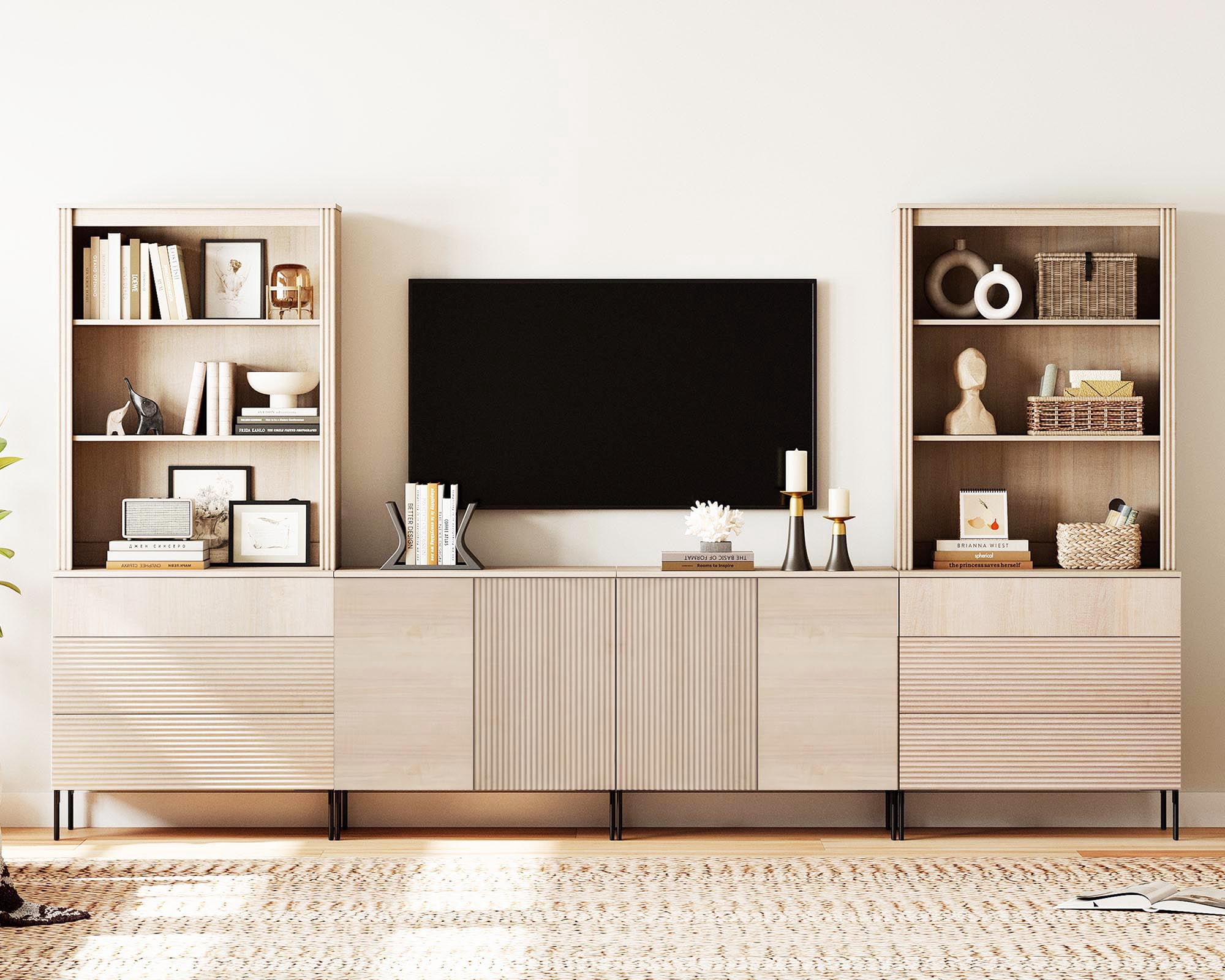 Modern Fluted TV Stand with Bookshelves for Tvs up to 75", Large Entertainment Center with Storage Cabinet, 10-Tier TV Console with Drawers and Adjustable Shelves For Living Room, Bedroom