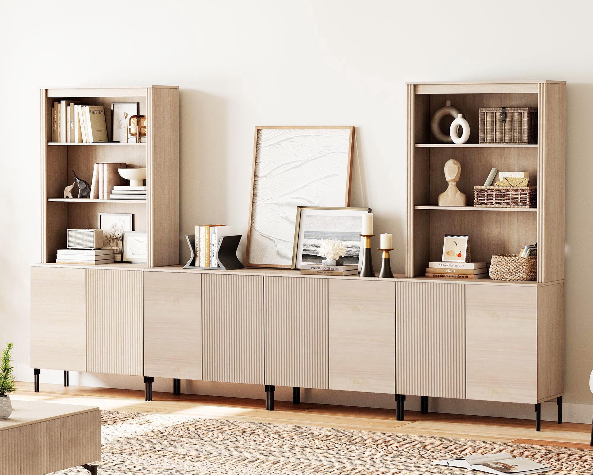 Modern Fluted TV Stand with Bookshelves for Tvs up to 75", Large Entertainment Center with Storage Cabinet, 14-Tier TV Console with Reeded Doors For Living Room, Bedroom