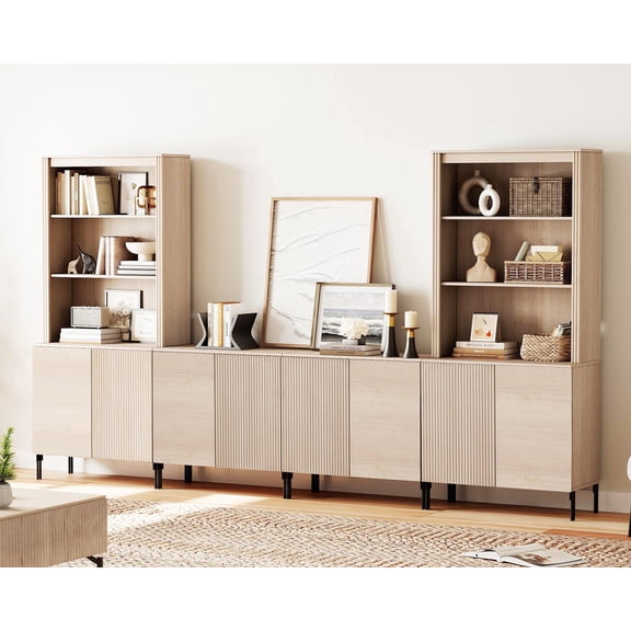 Modern Fluted TV Stand with Bookshelves for Tvs up to 75", Large Entertainment Center with Storage Cabinet, 14-Tier TV Console with Reeded Doors For Living Room, Bedroom