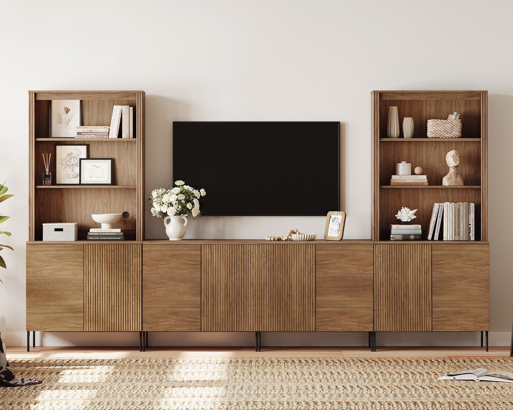 Modern Fluted TV Stand with Bookshelves for Tvs up to 75", Large Entertainment Center with Storage Cabinet, 14-Tier TV Console with Reeded Doors For Living Room, Bedroom