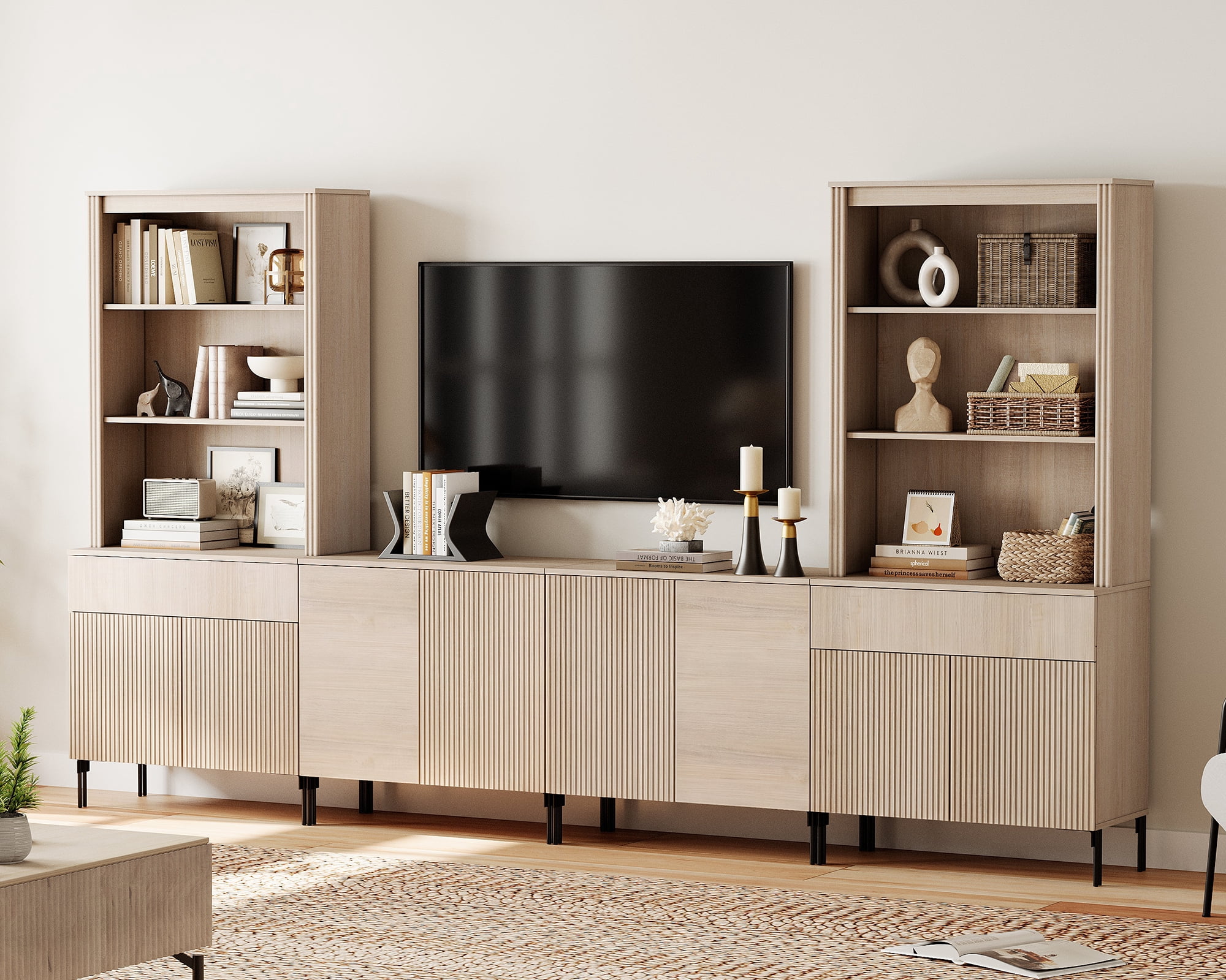 Modern Fluted TV Stand with Bookshelves for Tvs up to 75", Large Entertainment Center with Storage Cabinet, 14-Tier TV Console with Reeded Drawers For Living Room, Bedroom