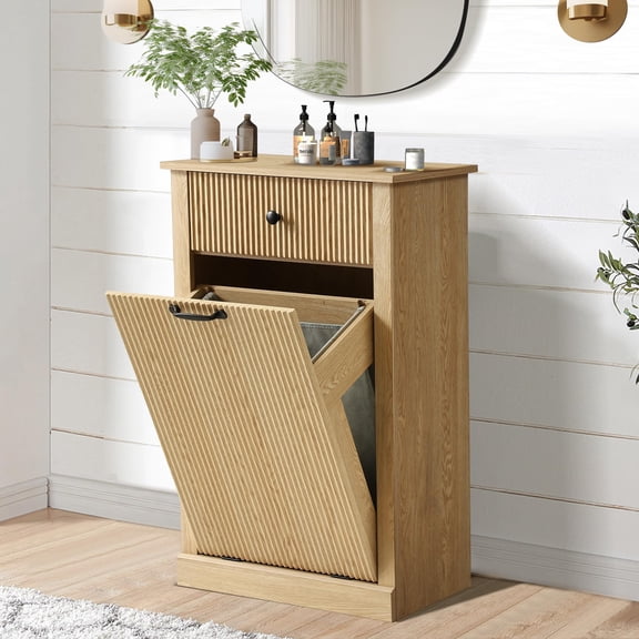 Modern Fluted Tilt-Out Cabinet with Drawer, Wooden Multi-Functional Freestanding Storage Organizer (13"D x 21"W x 36"H)