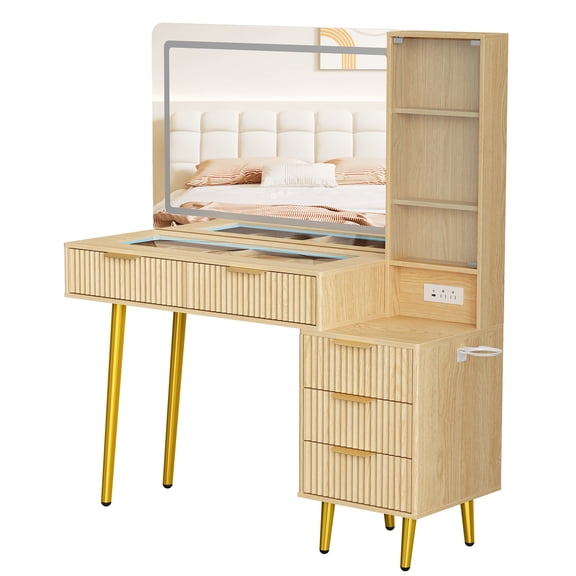 Modern Fluted Vanity Desk with Large Glass Top & HD Lighted Mirror – 5 Drawers, 3-Tier Shelves, Charging Station – Spacious Makeup & Dressing Table for Bedroom & Dressing Room