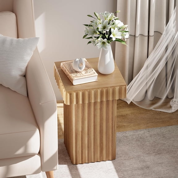 Modern Fluted Wood End Table with Natural Oak Finish, Textured Sculptural Accent Side Table