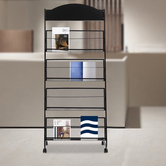 Modern Foldable Magazine Rack with 4 Tiers, Anti-Drop Design, Mesh Baskets, Adjustable Angle, and 4 Wheels for Easy Mobility