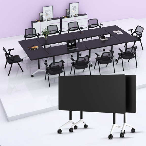 Modern Folding Conference Tables, Flip Top Mobile Meeting Table with Wheels, Modular Stackable Training Tables, Convertible Rolling Seminar Table for Office Classroom School(2,Black,47.2in)