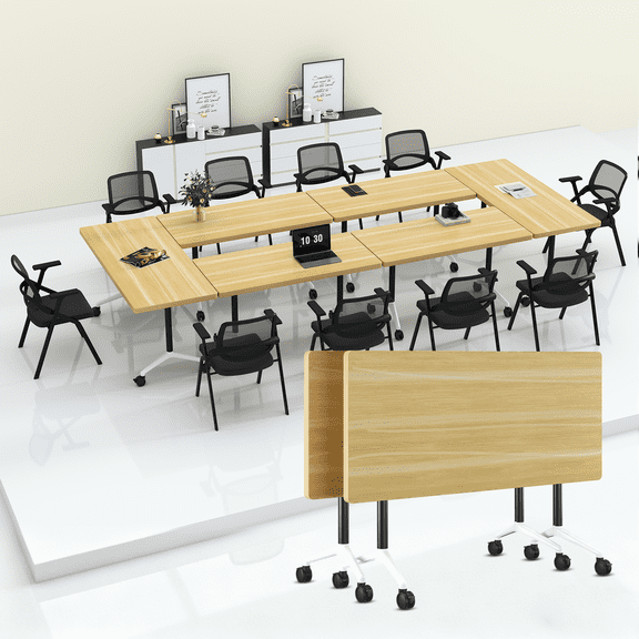 Modern Folding Conference Tables, Flip Top Mobile Meeting Table with Wheels, Modular Stackable Training Tables, Convertible Rolling Seminar Table for Office Classroom School(2,Maple,47.2in)