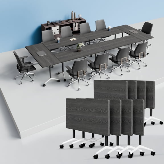 Modern Folding Conference Tables, Flip Top Mobile Meeting Table with Wheels, Modular Stackable Training Tables, Convertible Rolling Seminar Table for Office Classroom School(8,Grey,70.8in)
