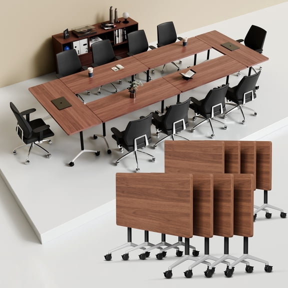 Modern Folding Conference Tables, Flip Top Mobile Meeting Table with Wheels, Modular Stackable Training Tables, Convertible Rolling Seminar Table for Office Classroom School(8,Walnut,47.2in)