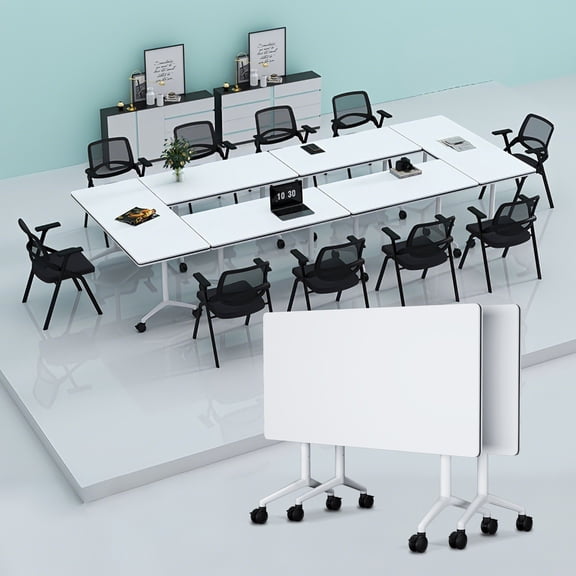 Modern Folding Conference Tables, Flip Top Mobile Meeting Table with Wheels, Modular Stackable Training Tables, Convertible Rolling Seminar Table for Office Classroom School(2,White,47.2in)