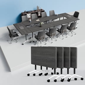 Modern Folding Conference Tables, Flip Top Mobile Meeting Table with Wheels, Modular Stackable Training Tables, Convertible Rolling Seminar Table for Office Classroom School(4,Grey,55.1in)