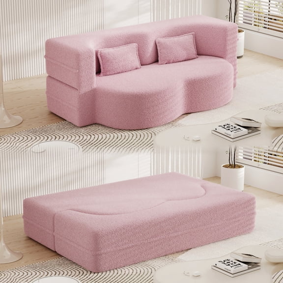 Modern Folding Sofa Bed, Convertible Sleeper Chair with 2 Pillows, Fold Out Couch, Foam Floor Mattress, Futon Couch, Full Size Lazy Sofa for Living Room, Guest Room, Pink
