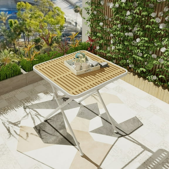 Modern Folding Square Table - Indoor/Outdoor Multi-Use Durable Polypropylene Top & Metal Frame with Non-Slip Base - Kitchen, Patio, Office Friendly (White/Khaki)