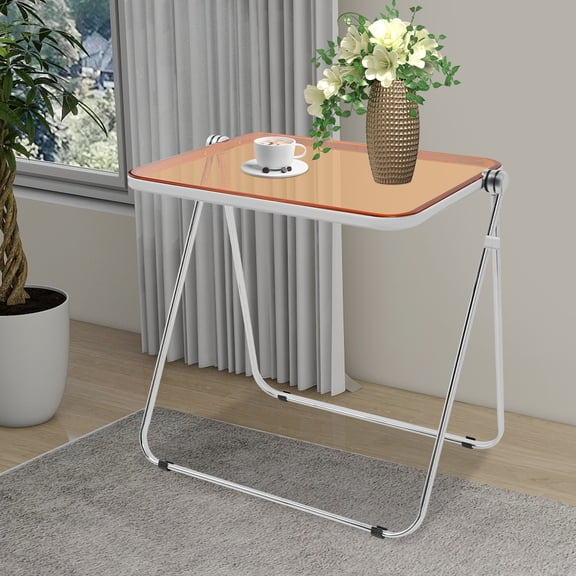 Modern Folding TV Tray Table, Clear PET No Assembly Snack Side Table, 27 Inch Height Couch Food Table for Small Spaces, Tawny