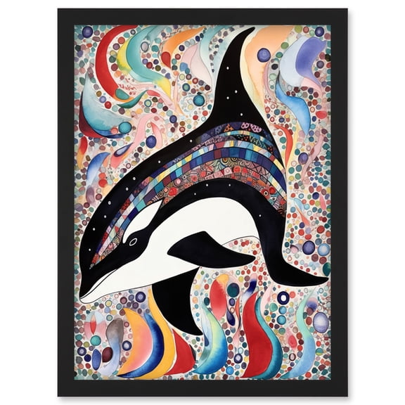 Modern Folk Art Pattern Orca Whale Artwork Framed Wall Art Print A4
