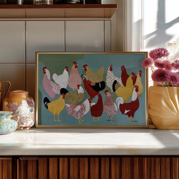 Modern Folk Chicken Art Print, Farmhouse Kitchen Decor, Colorful Hen, Unframed Paper Print Size 8x12