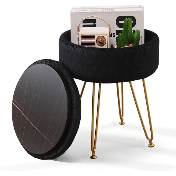 Modern Foot Rest Stool Upholstered Round Storage Ottomans Multipurpose Dressing Stools Luxury Decor Ottoman Coffee Table Top Cover Footstool with Metal for Couch Black