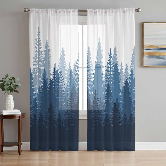 Modern Forest Blue, Semi Sheer Window Curtains 84 Inches Long, Gradient Aesthetics Color Decor Rod Pocket Voile Chiffon Curtain Light Filtering Drapes for Living Room, Kitchen, 52"x84", 2 Panels