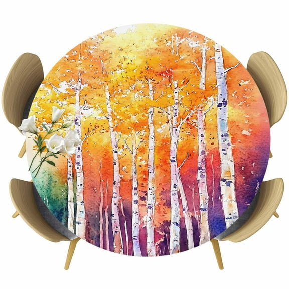 Modern Forest Round Tablecloth 36-44 Inch Round Fitted Table Cloth with Elastic Edge, Abstract Colorful Tree Beanch Leaf Waterproof Table Cover Protector for Outdoor Picnic Party Dining