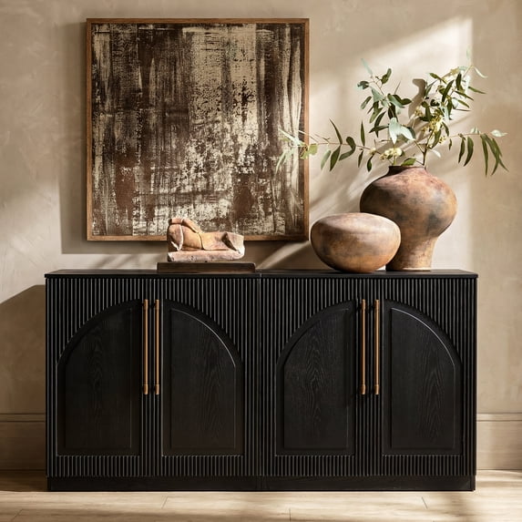Modern Fort 2PCS Storage Cabinet, Fluted Arched Door Accent Chest with Adjustable Shelves for Living Room Bedroom, Small Buffet Sideboard for Kitchen Entryway, Black