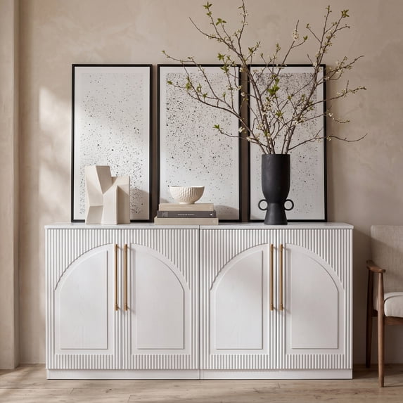 Modern Fort 2PCS Storage Cabinet, Fluted Arched Door Accent Chest with Adjustable Shelves for Living Room Bedroom, Small Buffet Sideboard for Kitchen Entryway, White