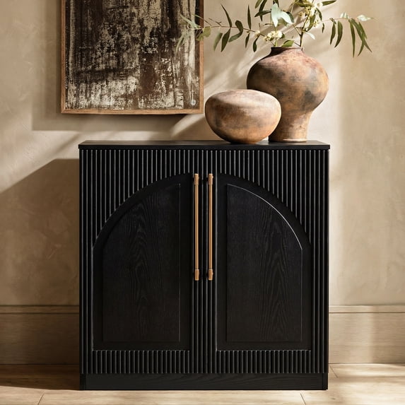 Modern Fort Storage Cabinet, Fluted Arched Door Accent Chest with Adjustable Shelves for Living Room Bedroom, Small Buffet Sideboard for Kitchen Entryway, Black