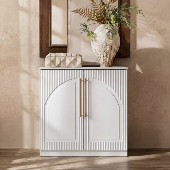 Modern Fort Storage Cabinet, Fluted Arched Door Accent Chest with Adjustable Shelves for Living Room Bedroom, Small Buffet Sideboard for Kitchen Entryway, White