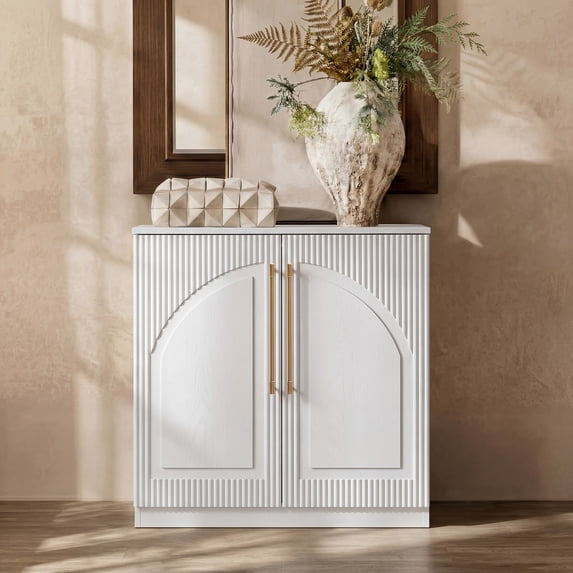 Modern Fort Storage Cabinet, Fluted Arched Door Accent Chest with Adjustable Shelves for Living Room Bedroom, Small Buffet Sideboard for Kitchen Entryway, White