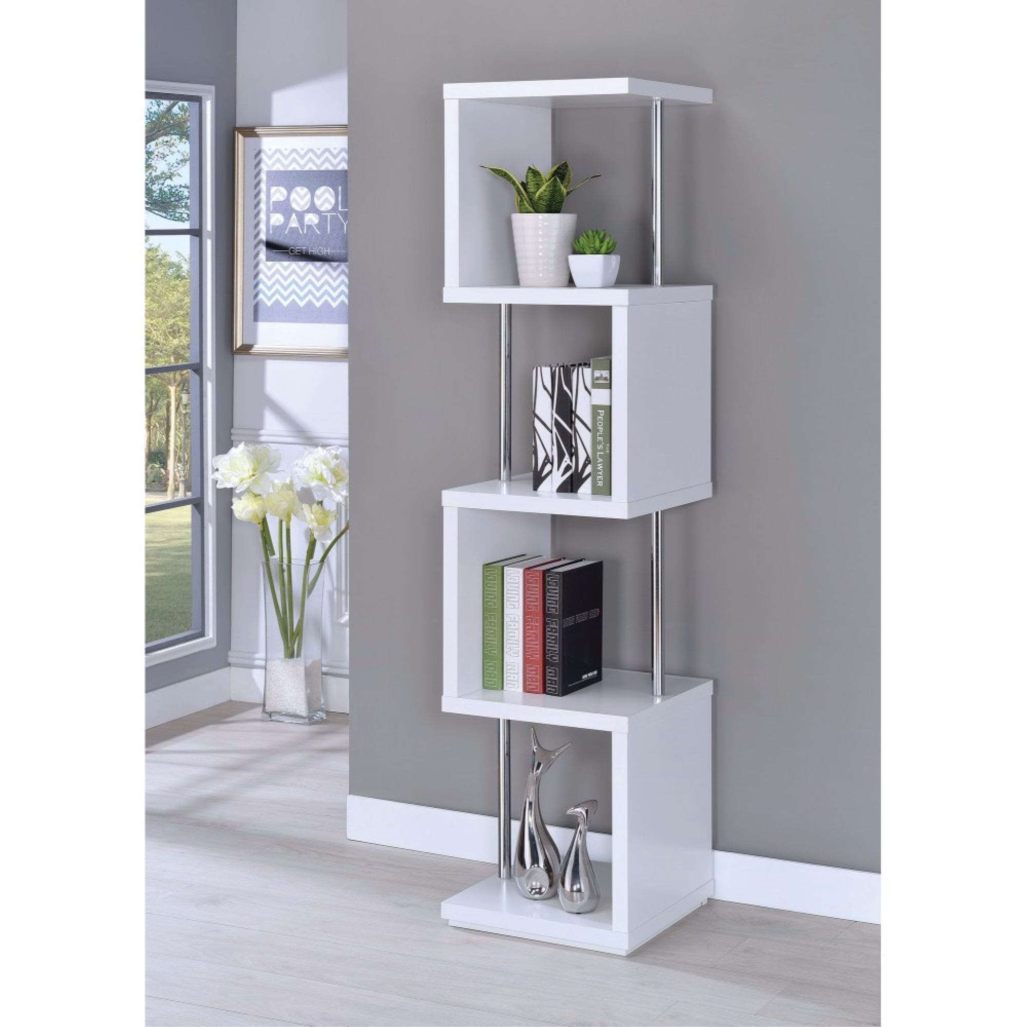 Modern Four Tier Wood And Metal  Bookcase  White