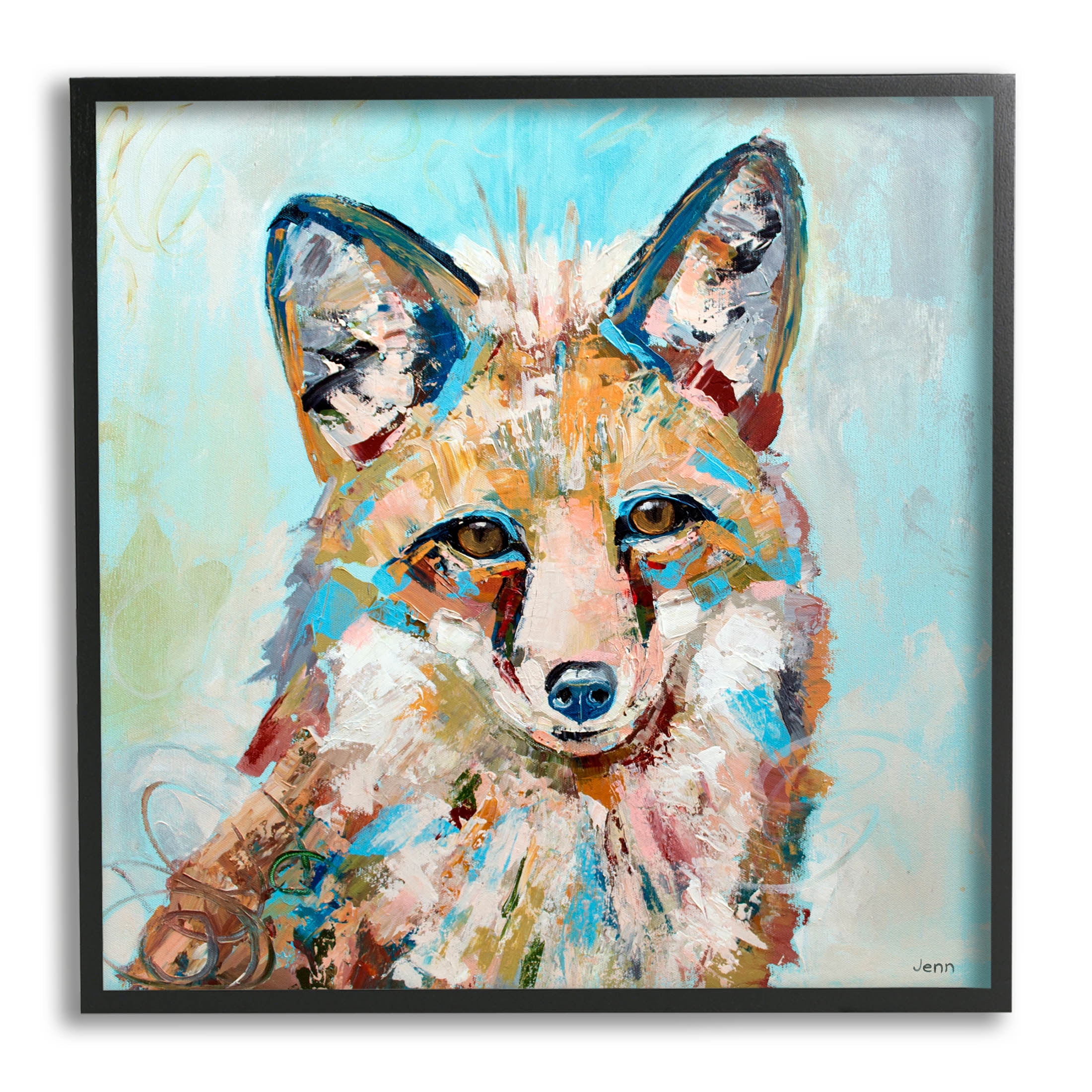 Modern Fox Blue Accent Animal Animals & Insects Painting Black Framed Art Print Wall Art