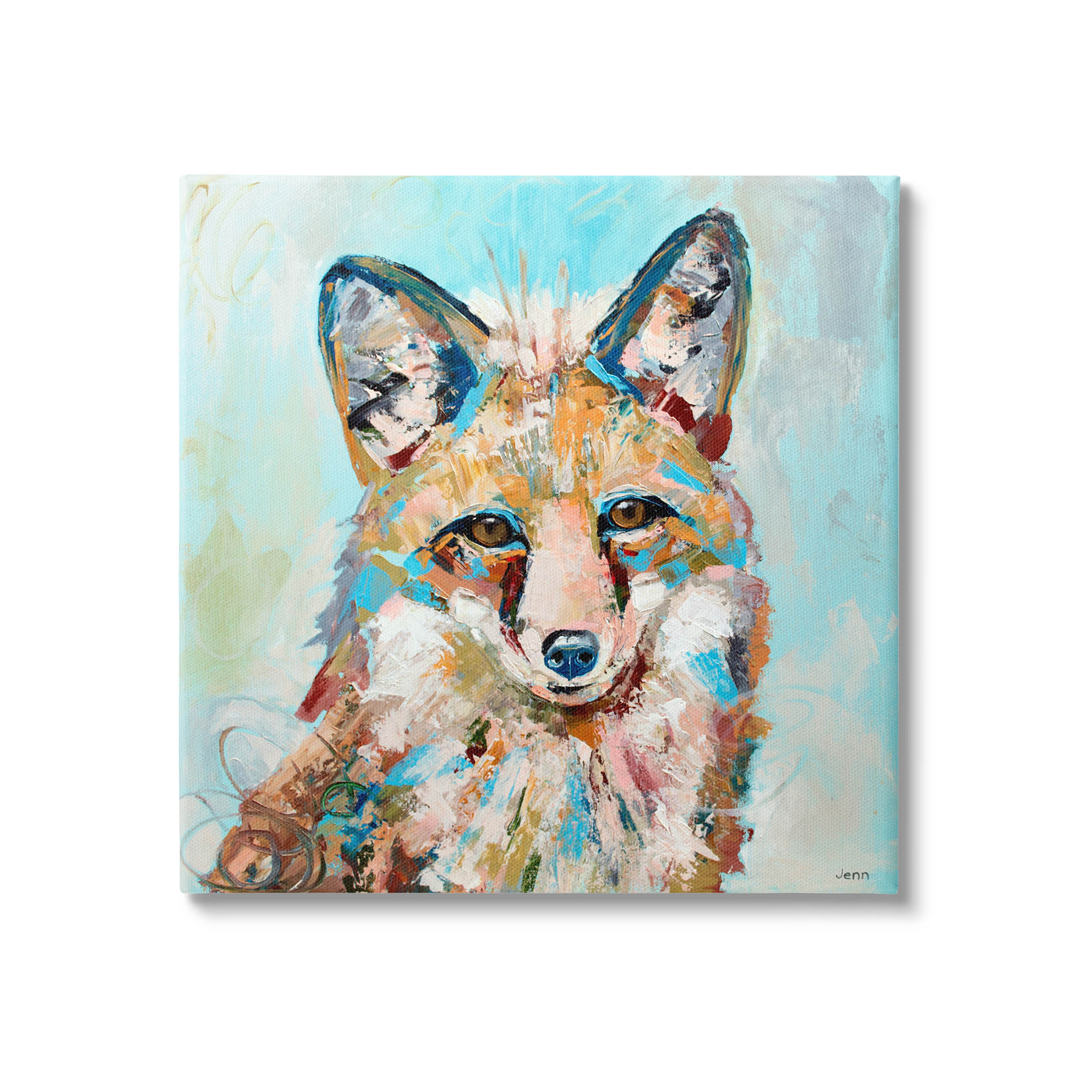 Modern Fox Blue Accent Animal Animals & Insects Painting Gallery Wrapped Canvas Print Wall Art