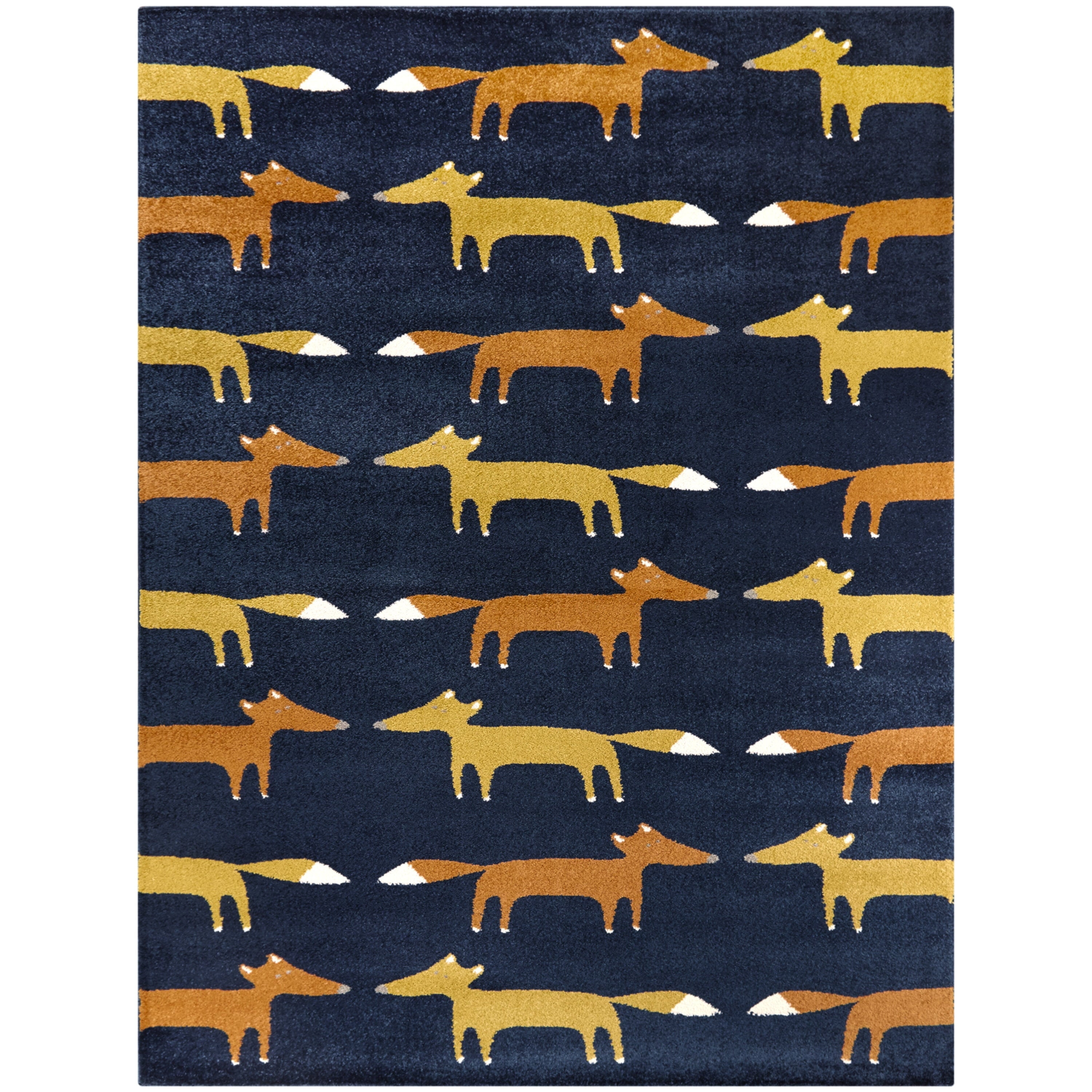 Blue and Orange Fox Pattern Rectangular Kids Rug