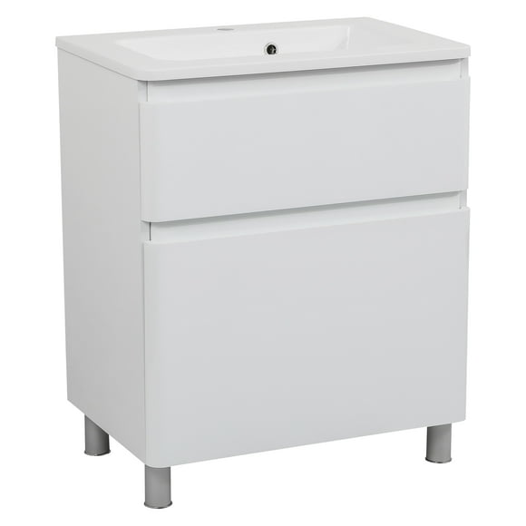 Modern Free Standing Bathroom Vanity with Washbasin | Comfort White High Gloss Collection with Side Vanity Cabinet | Non-Toxic Fire-Resistant MDF-48"(12+24+12)-Omega Collection 24"